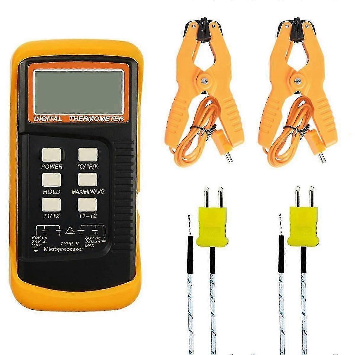 Digital K Type Thermocouple Thermometer(-50-1300C) Dual Channel, 2 Thermometer Pipe Clamp and 2 Se