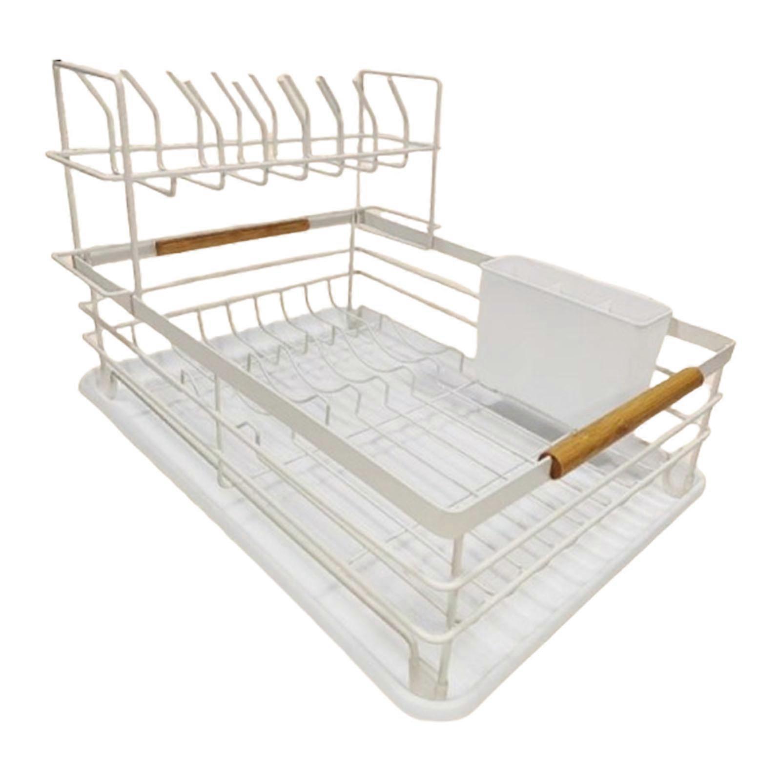 Kitchen Countertop Dish Drying Rack With Removable Drip Tray Rustproof Utensils Holder Drainer with Drain Board White
