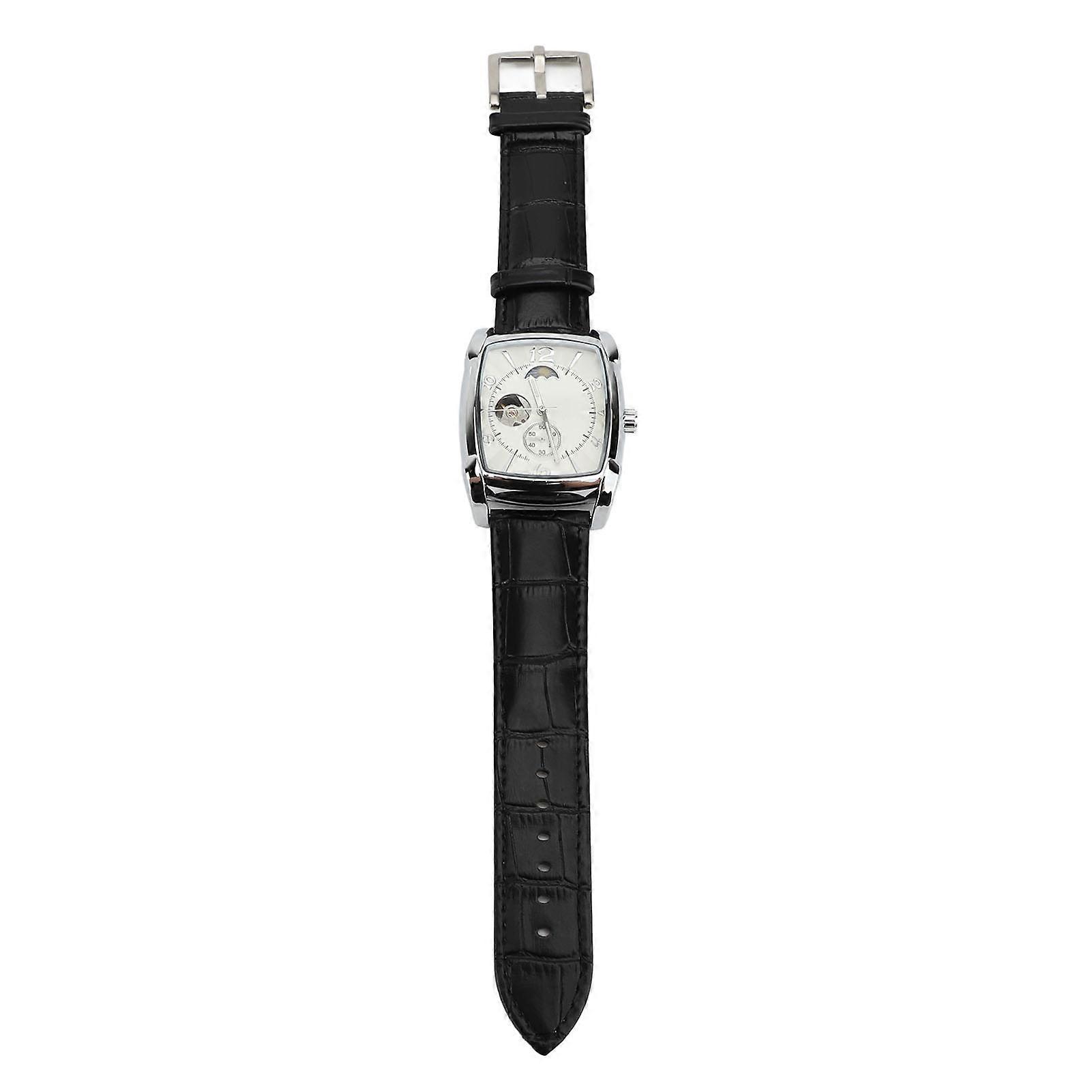Skeleton Automatic Mechanical Wrist Watch for Men Moon Phase Self Winding Water Resistant PU Leather Strap Luxury Chronograph Analog Watch Silver Whi