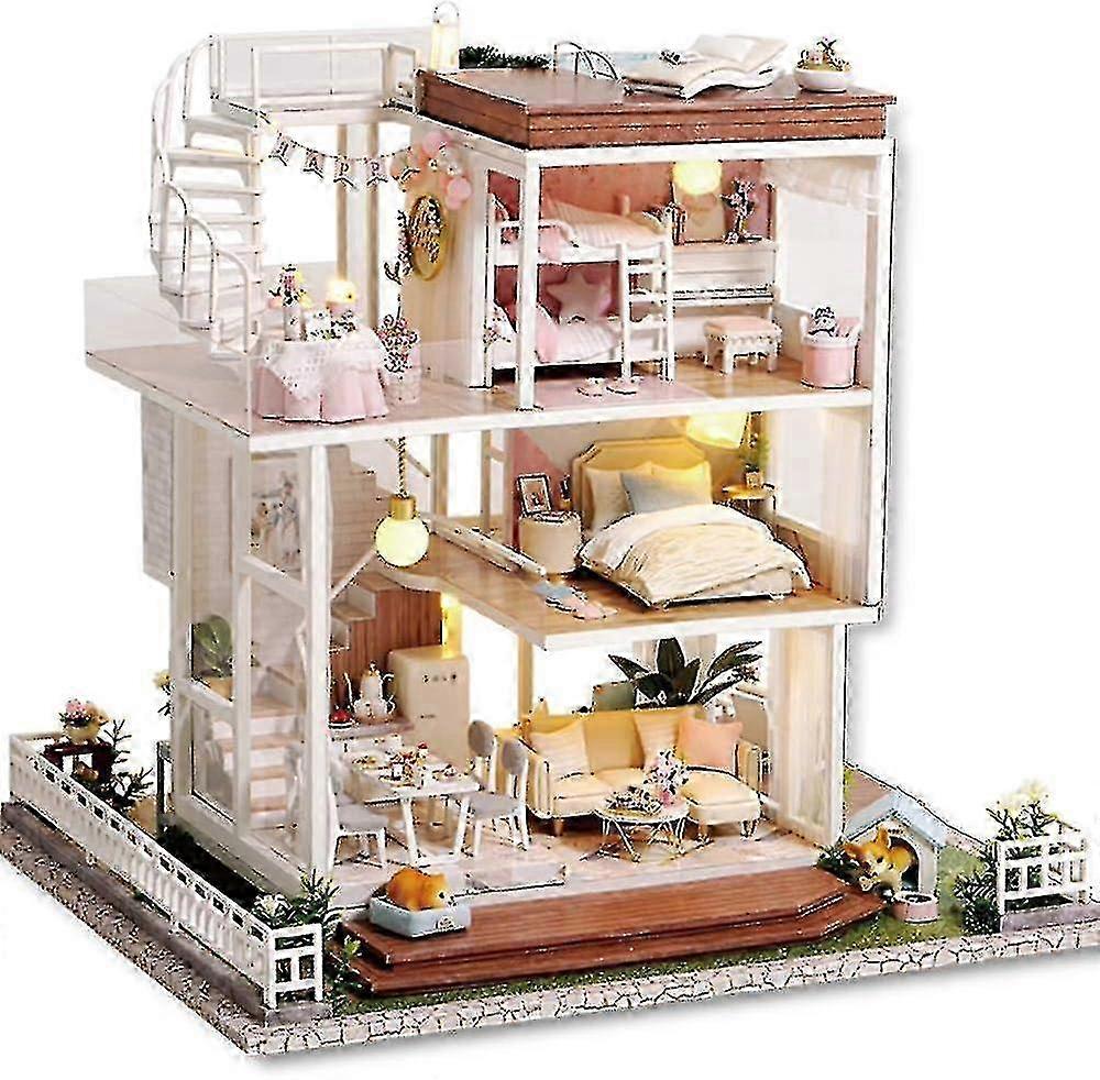 DIY Miniature Dolls House Kit, Wooden Dollhouse with Furniture and LED Light, Creative Model Kit for Adults, 1:36 Scale