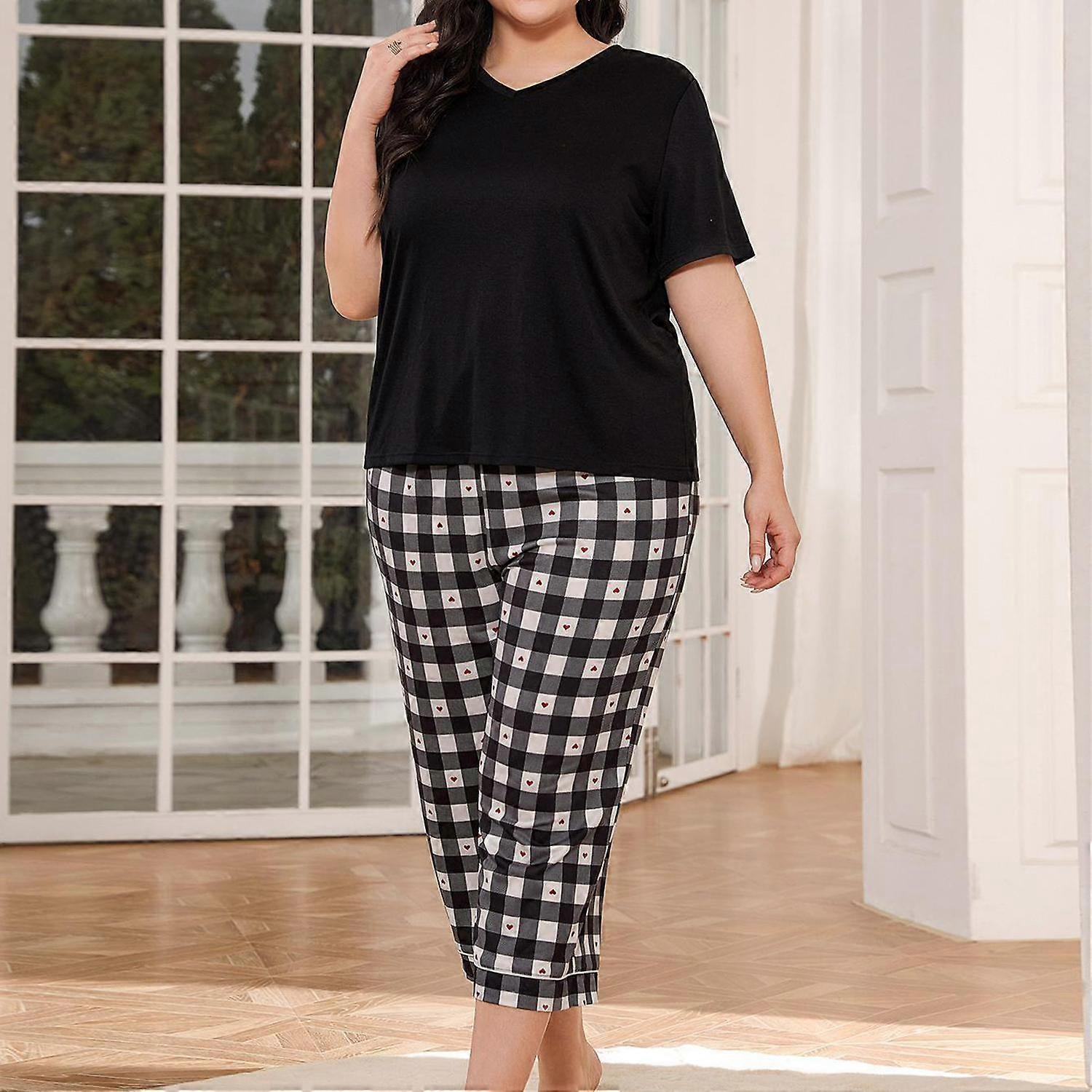 Large Size Pajamas for Women Short Sleeves V Neck Shirts and Draw String Long Pants 2 Piece Comfy Sleeping Suites Plus Size Home Sleep Lounge Wear