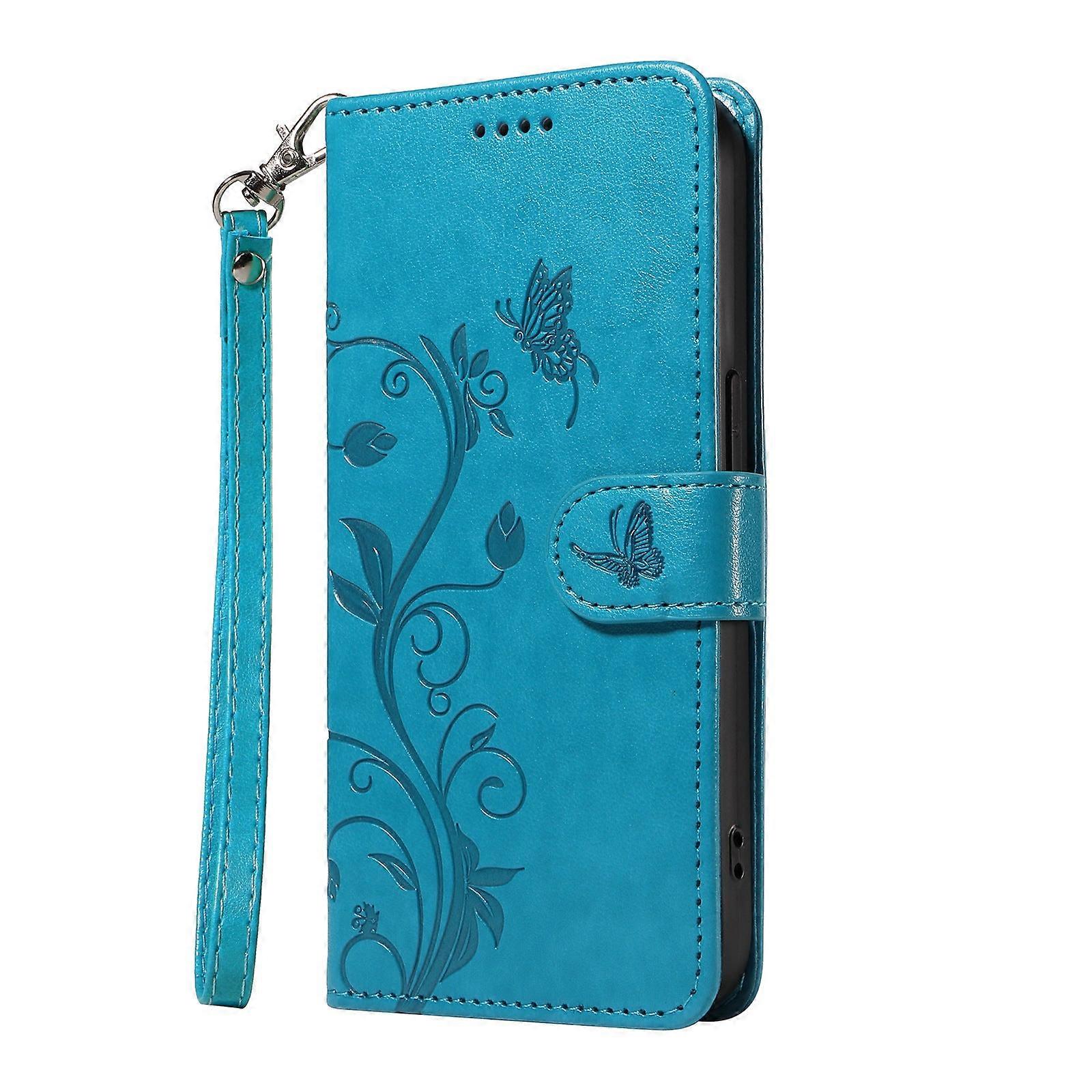 Veske Til Iphone 14 Pro Max Blå Skinn Snor Preget Aprikos Tree Flip Kortspor