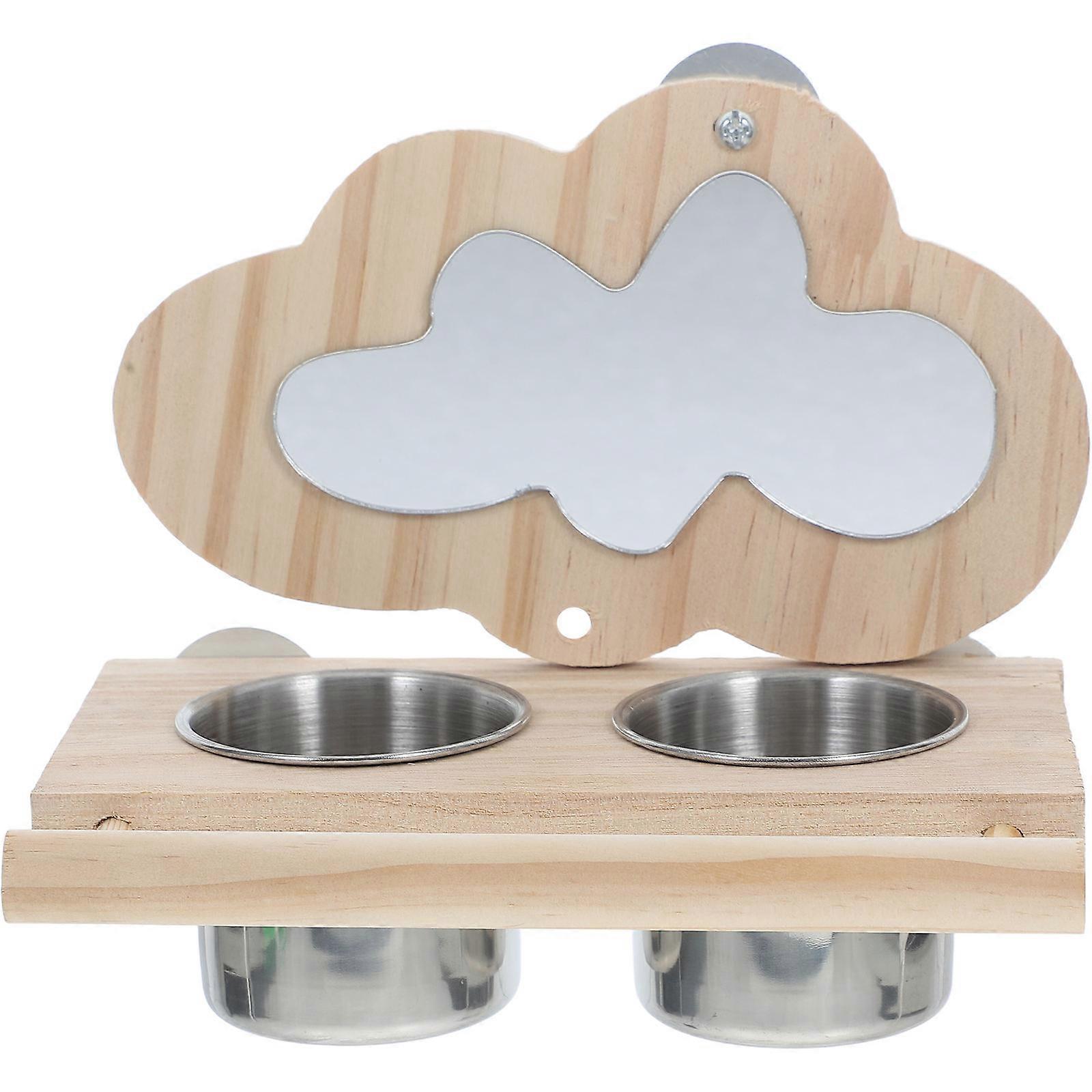 Wooden Parrot Bird Perch Mirror and Feeding Cups for Parakeet Owners Everyday Use 16.00X14.80X11.40CM Dual Purpose 1Pack