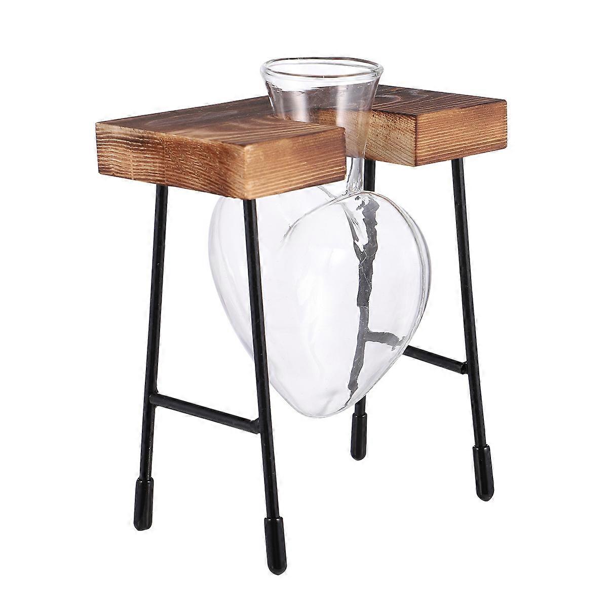 Hydroponic Container Heart Shaped Flower Vase Glass Planter Wooden Frame Home Decor 1 Set
