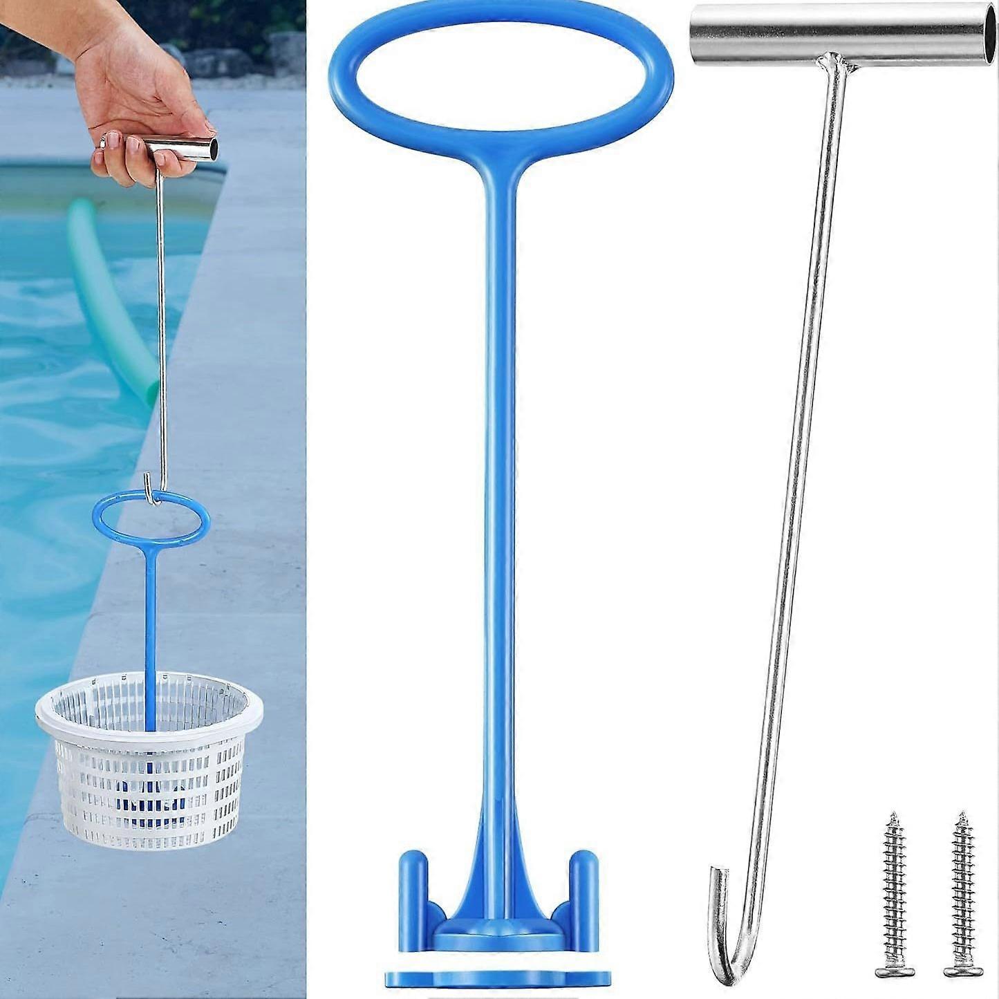 Skimmer Basket Handle, Pool Skimmer Basket Hook, Universal Pool Skimmer Basket with Handle Fit All Skimmer Basket for Debris Removal, Keep Hands Clean