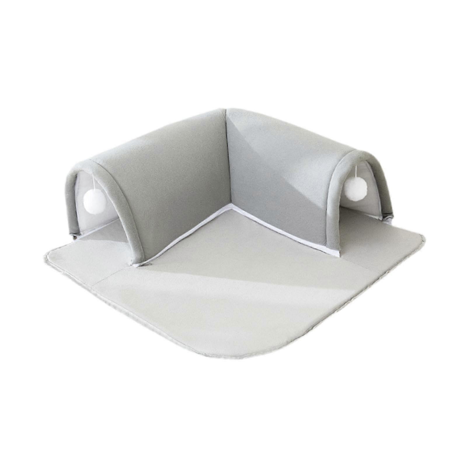 Portable Cat Tunnel Bed Grey L with Interactive Feather Toy for Indoor Cats Comfortable Play and Rest Space