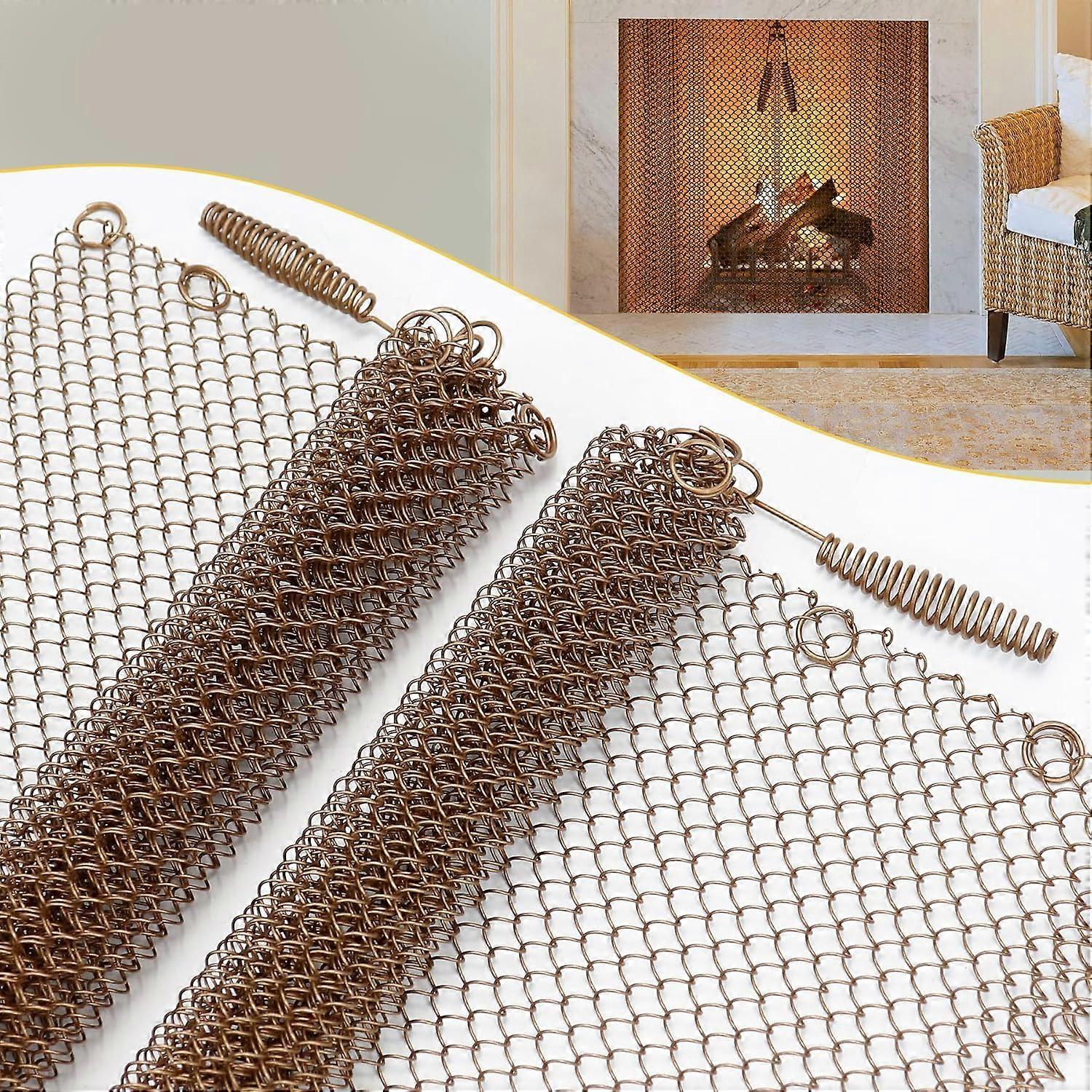 Fireplace Mesh Screen Curtain 24" W x 18" H,Sturdy Spark Guard Mesh Screens with Pull,Two Panels,Antique Brass