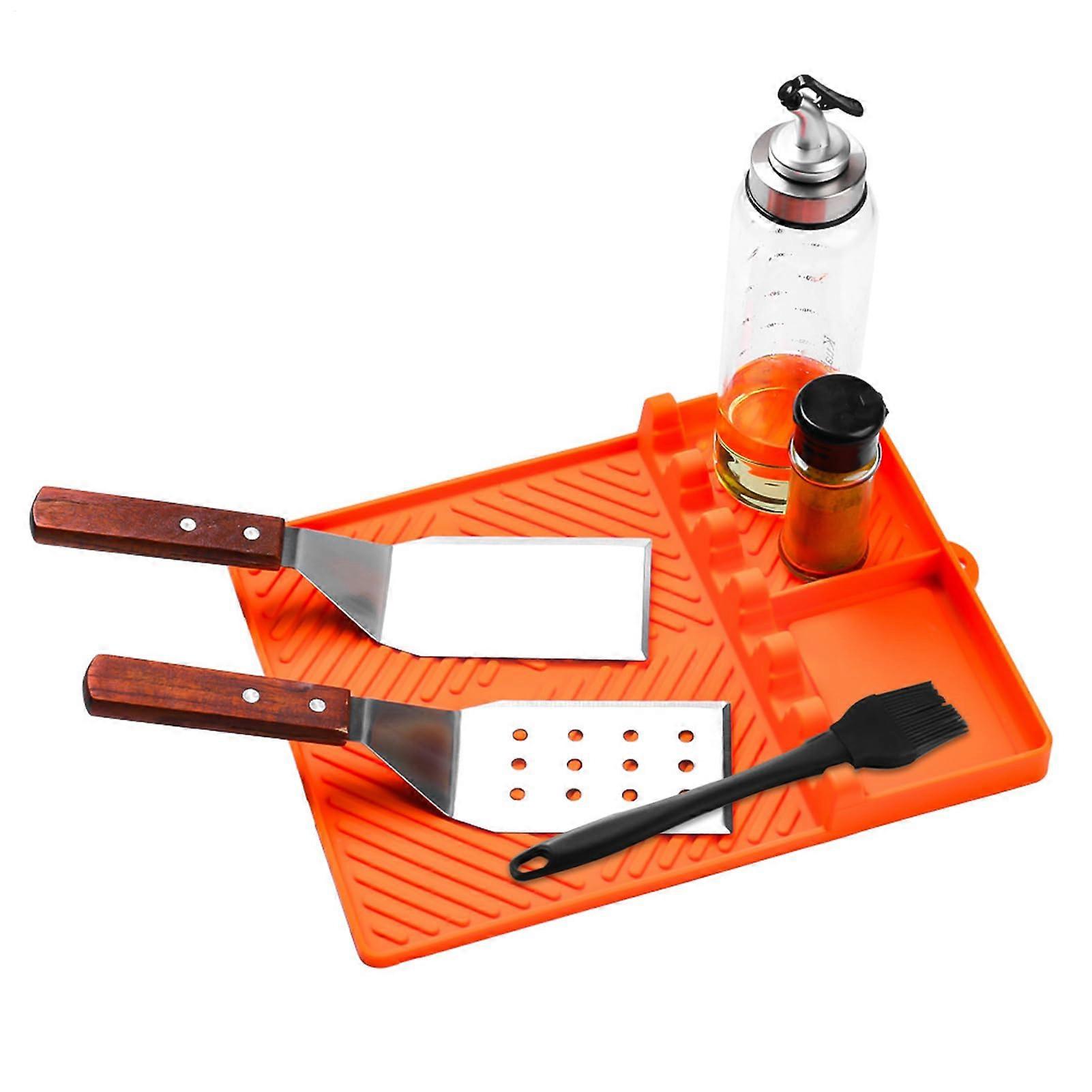 Grill Side Shelf Mat, Reusable Silicone Griddle Drip Pad, BBQ Grill Prep Spatula Mat in Orange Color for Home Kitchen