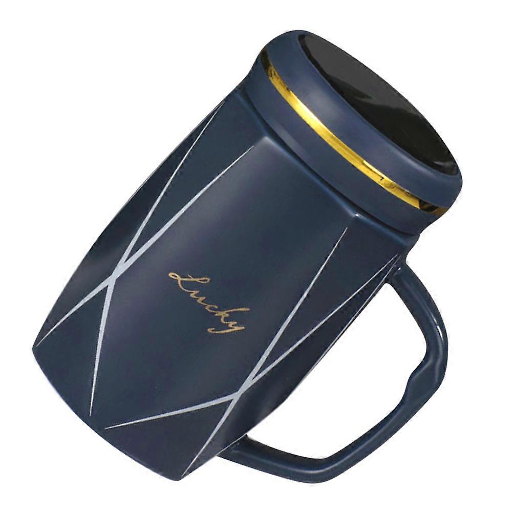 蓋付きセラミックティーカップ手描きブルーマグ、滑らかな表面、オフィスや家庭での使用に最適