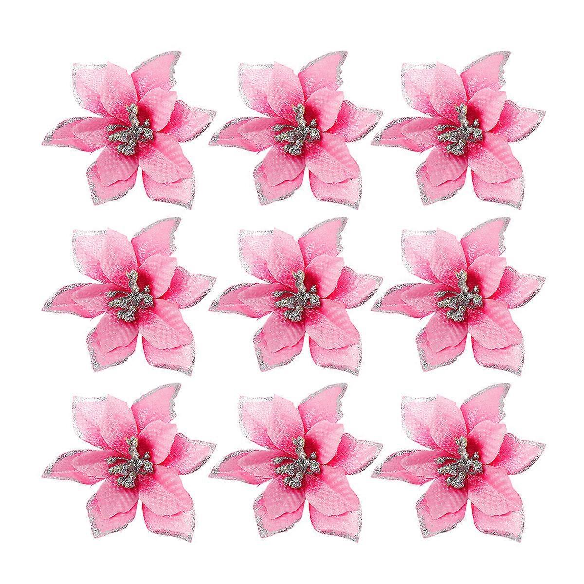 24pcs Christmas Flower Simulation with Gold Powder for Christmas Tree Decoration in Pink