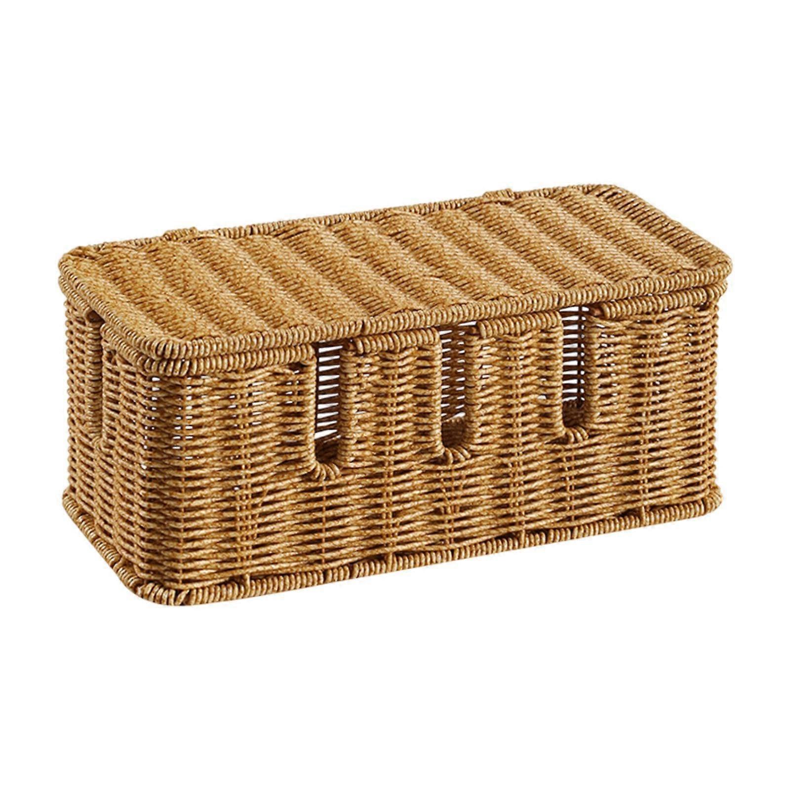 Cable Management Box Imitation Rattan with Lid, Cord Organizer Desk Storage, 30.5 x 14 x 13.3 cm