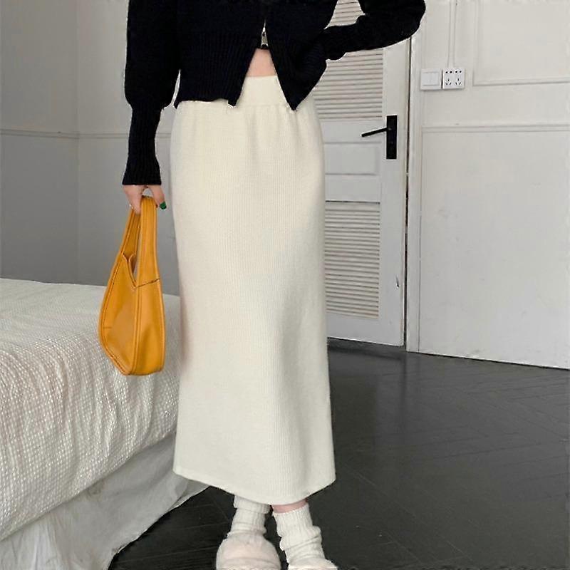 Knitted half skirt, medium length, high waisted, slimming open A-line, buttocks wrapped skirt