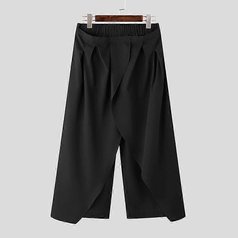 INCERUN Men Elastic Waist Irregular Layers Solid Color Casual Loose Pants Trousers