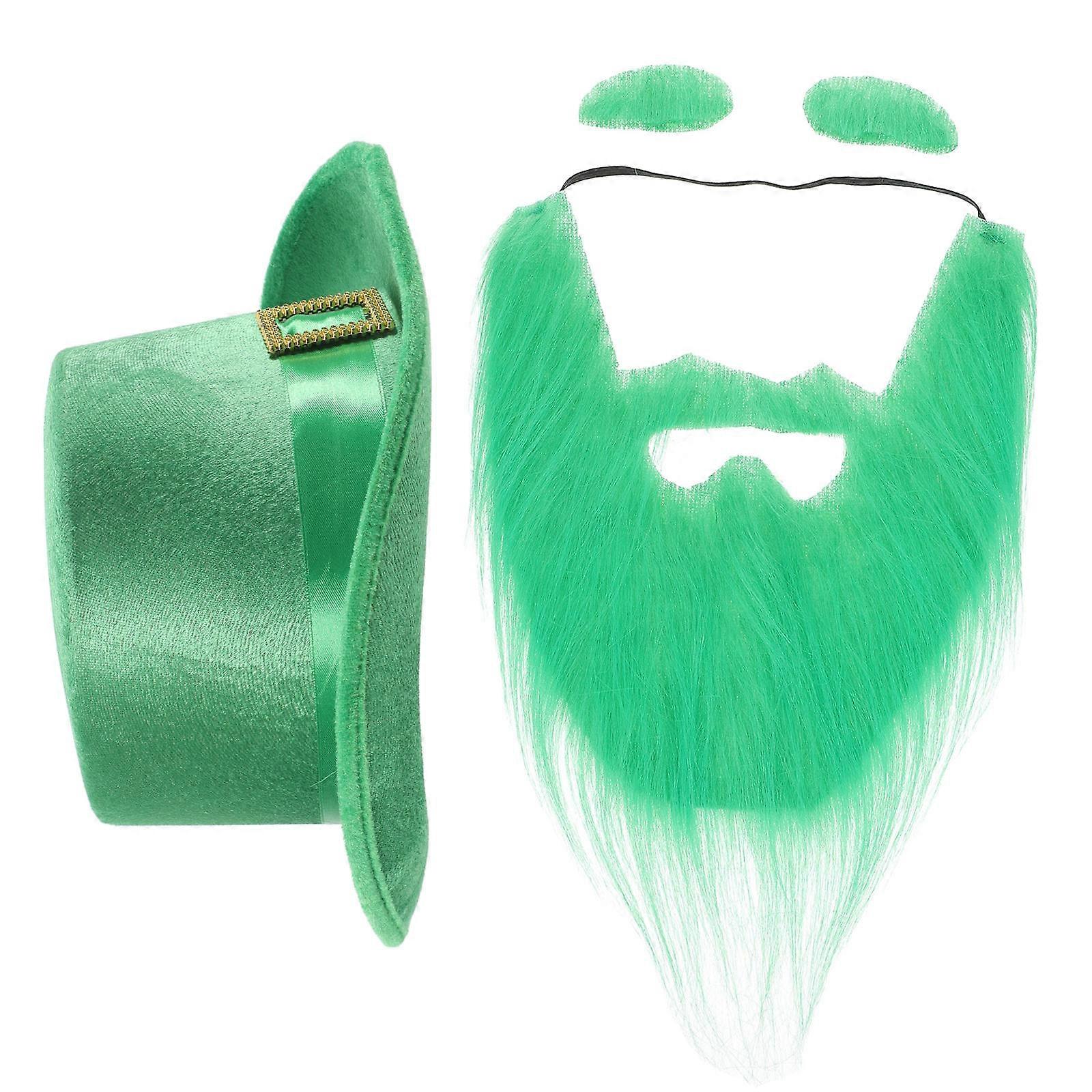 4pcs Irish Shamrock Costume Set – Green Leprechaun Hat with Faux Trim and Eyebrow for St. Patrick’s Day and Festive Occasions