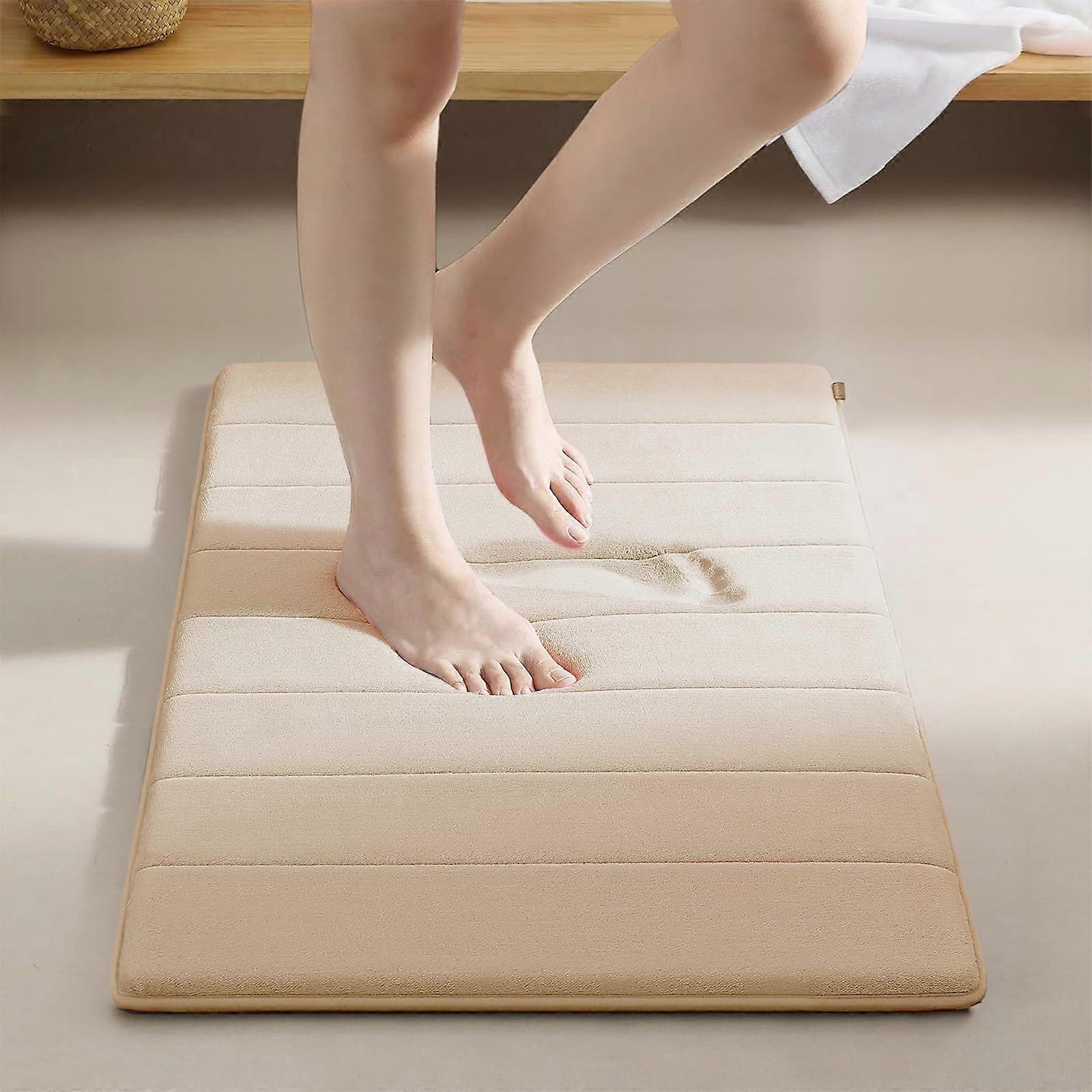 Memory Foam Bath Mat Absorbent, Machine Washable, 50 x 80 cm, Beige Striped Rectangular