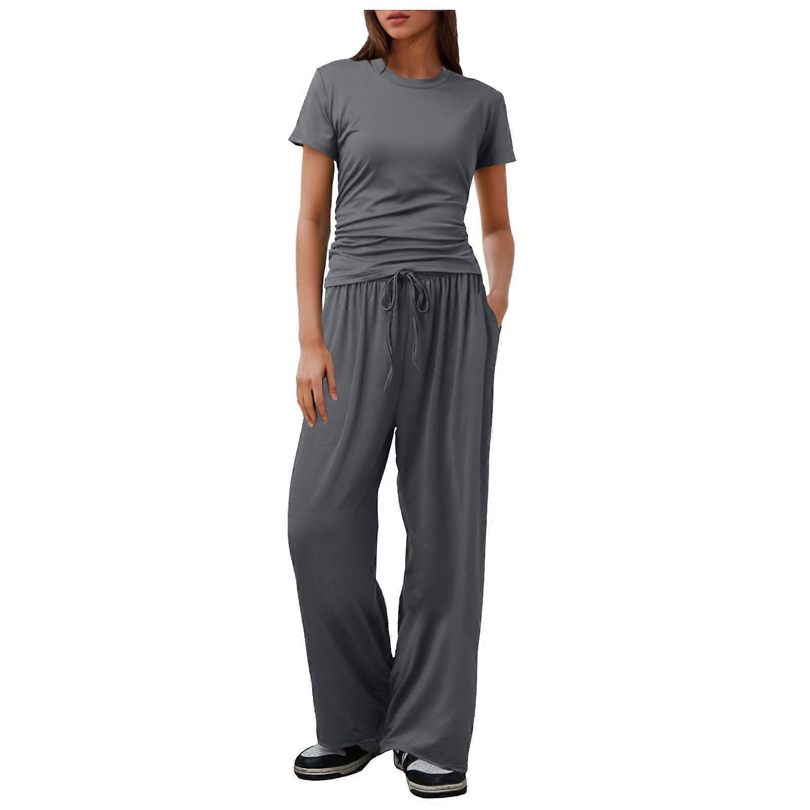 2Piece Women's Jogging Set Short Sleeve Round Neck TShirt Wide Leg Pants Dark Gray M