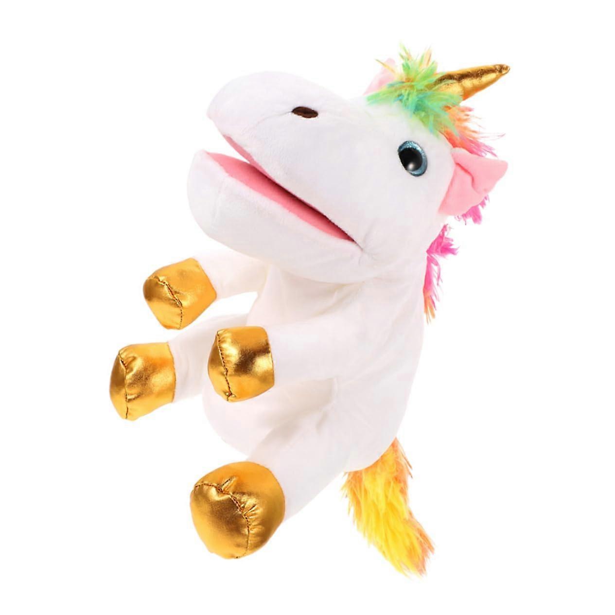 Einhorn plush hand puppet with interactive open mouth for storytelling and roleplaying, made of soft and safe material, white.