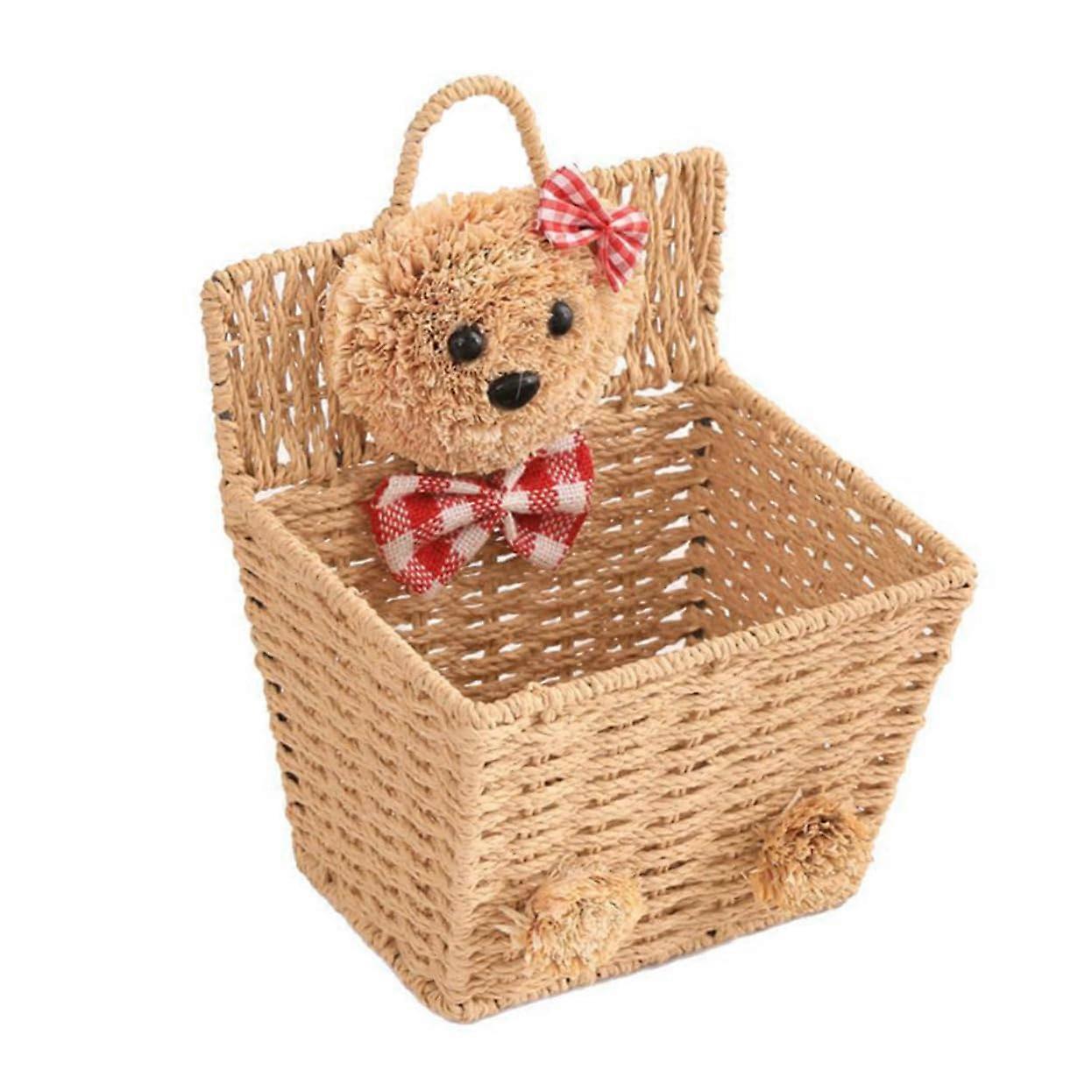 Hanging Basket Cartoon Bear Wicker Storage Basket Open Design Khaki for Home Office Organization