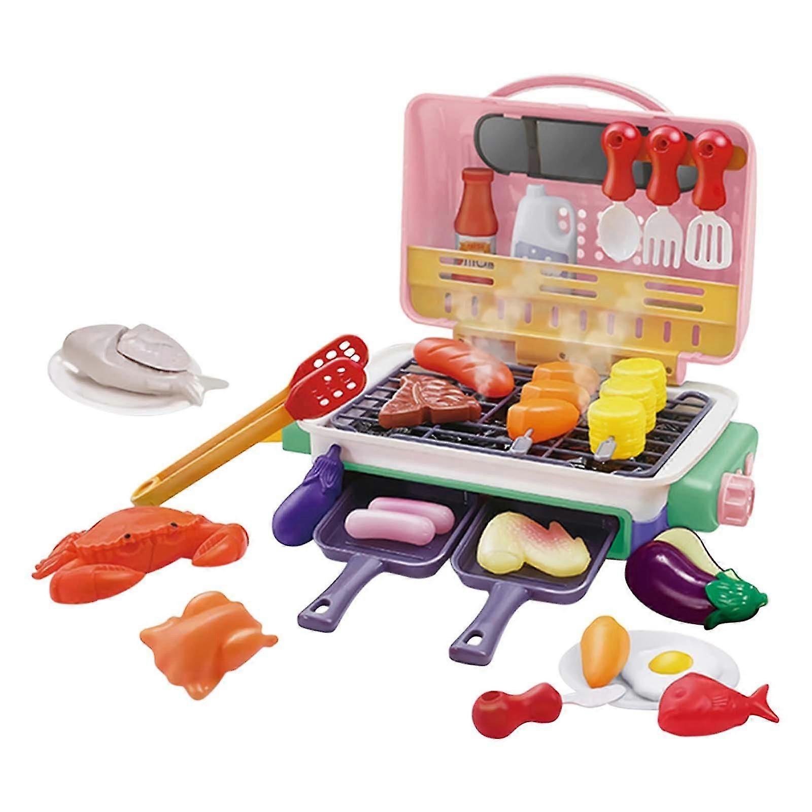 Pink magnetic tiles Children's Barbecue Rack Toy Kitchen Cooking Realistic Spray Light Sound Color Changing Game Food Set