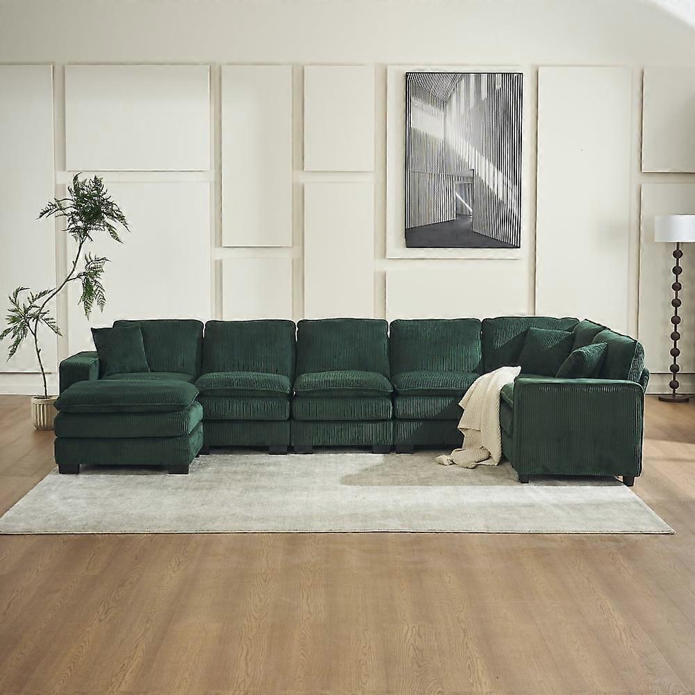 LUCKHAO 143.7" Modular Sectional Sofa, 6-Seater Corduroy Deep Seat with Ottoman & 3 Pillows, L/U-Shaped Corner Sofa