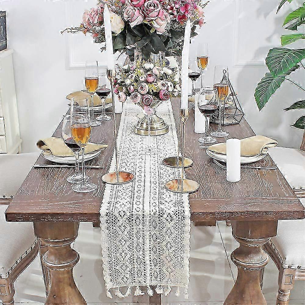 9.5"x 71" Beige Macrame Table Runner Rectangular Crochet Lace Elegant Hollow Mesh Tablecloth For Rustic Boho Wedding Decor Bride & Baby 2025