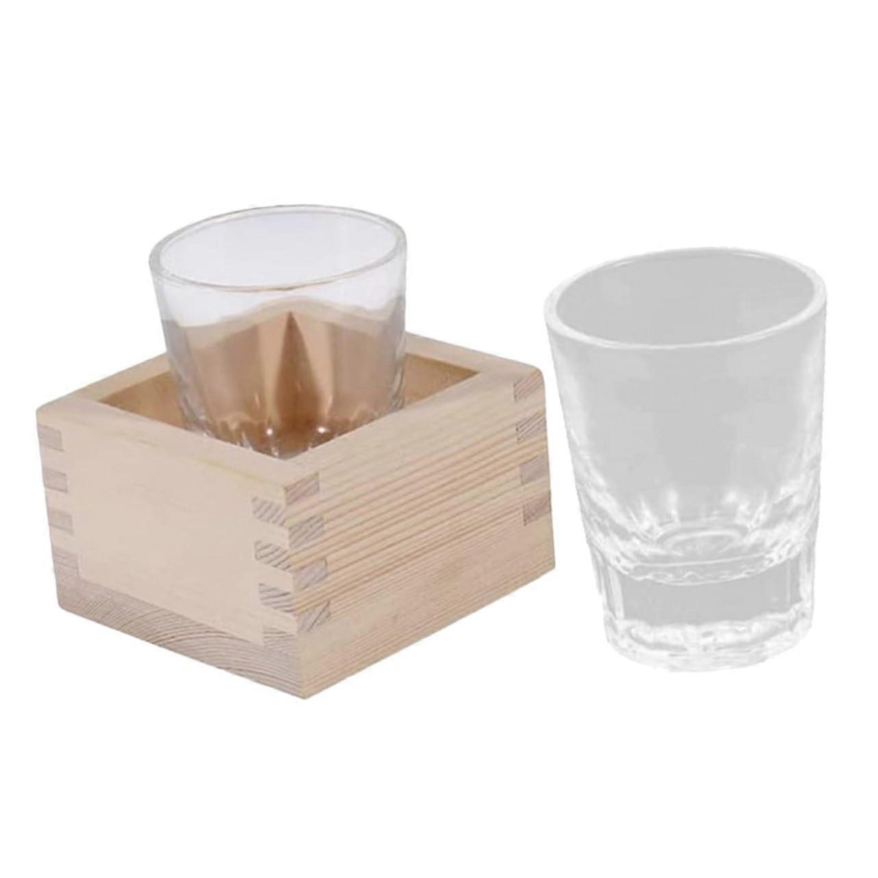 Glass Sake Cups With Wooden Box Transparent Temp Treated Glass For Sake, Tea And Spirits