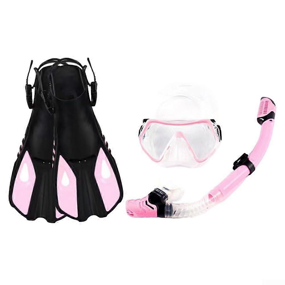 Snorkeling Gear Set With Tempered Glass Dive Mask Dry  Snorkel Tube Adjustable Open Heel Fins Pink L/XL Beginner Kit