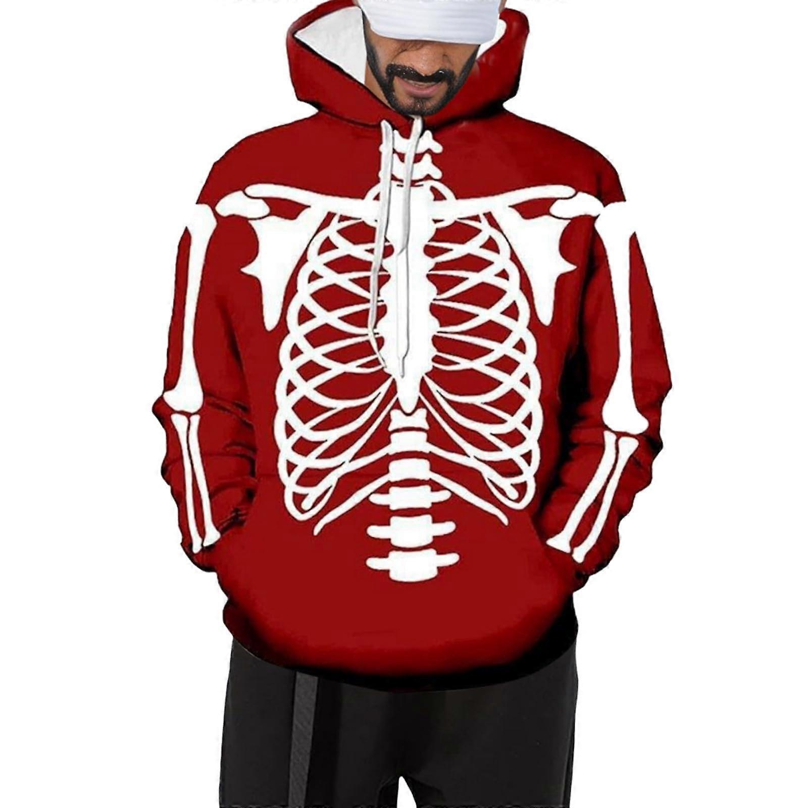 Halloween Pullover Men's Skeleton Print Hoodie 3D Print Sweatshirt With Pocket Long Sleeve Size L Red