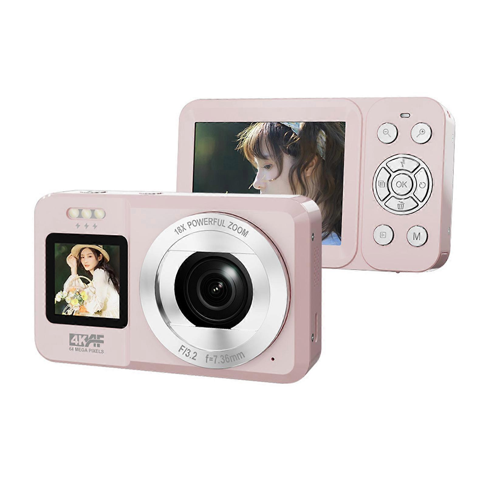 4K Resolution 64MP Double Display Digital Camera 18X Zoom Design Pink Camera for Outdoor School Event Travel Multicolor
