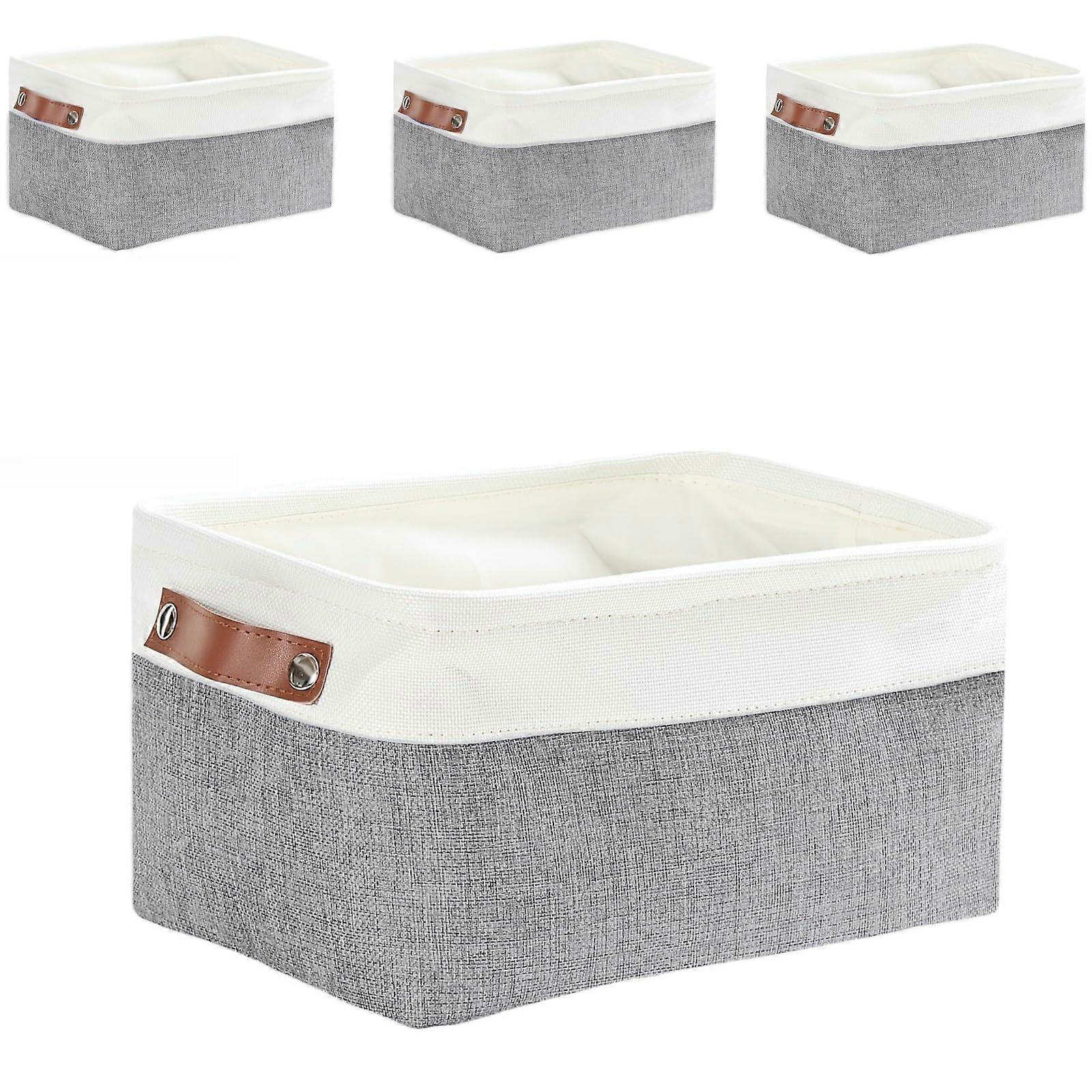 Fabric Storage Box Set Of 4 Thickened Canvas Baskets For Bedroom Wardrobe Shelf Medium Grey/White