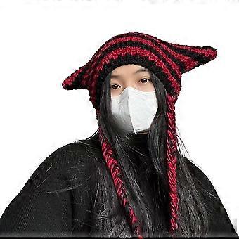 Winter Cute Knit Hat Ear Flap Crochet Beanie Hat Female Knitted Hat with Long Tassels Handmade Pullover Caps  Red