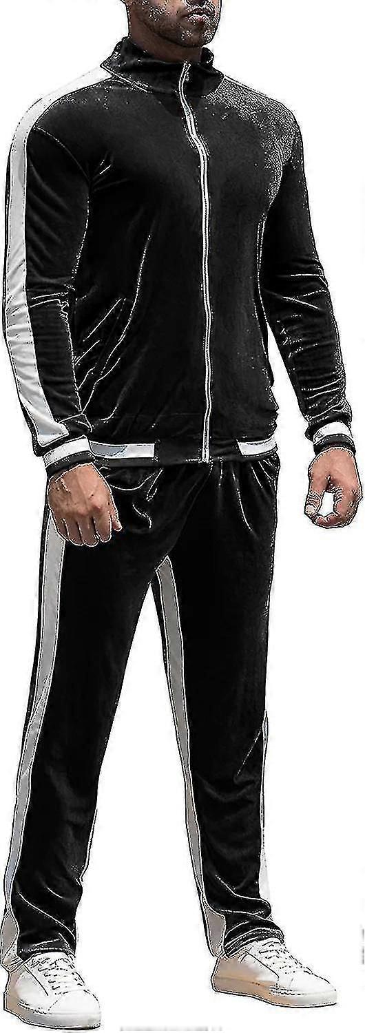 Conjunto de moletom de veludo masculino, 2 peças, com zíper.