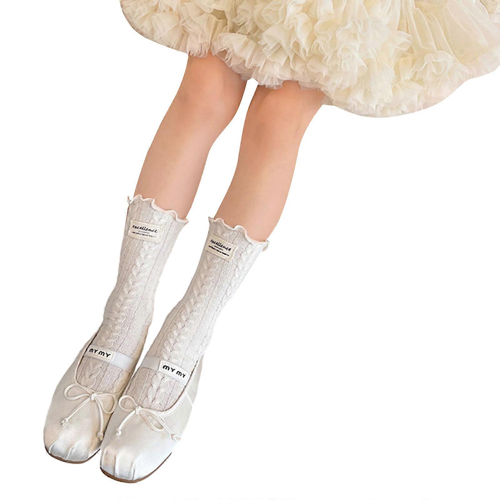 1 Pair Girls Cute Ruffled Edge Socks Soft & Breathable Medium Length Socks Solid Color Lettered Stackable Socks  White M