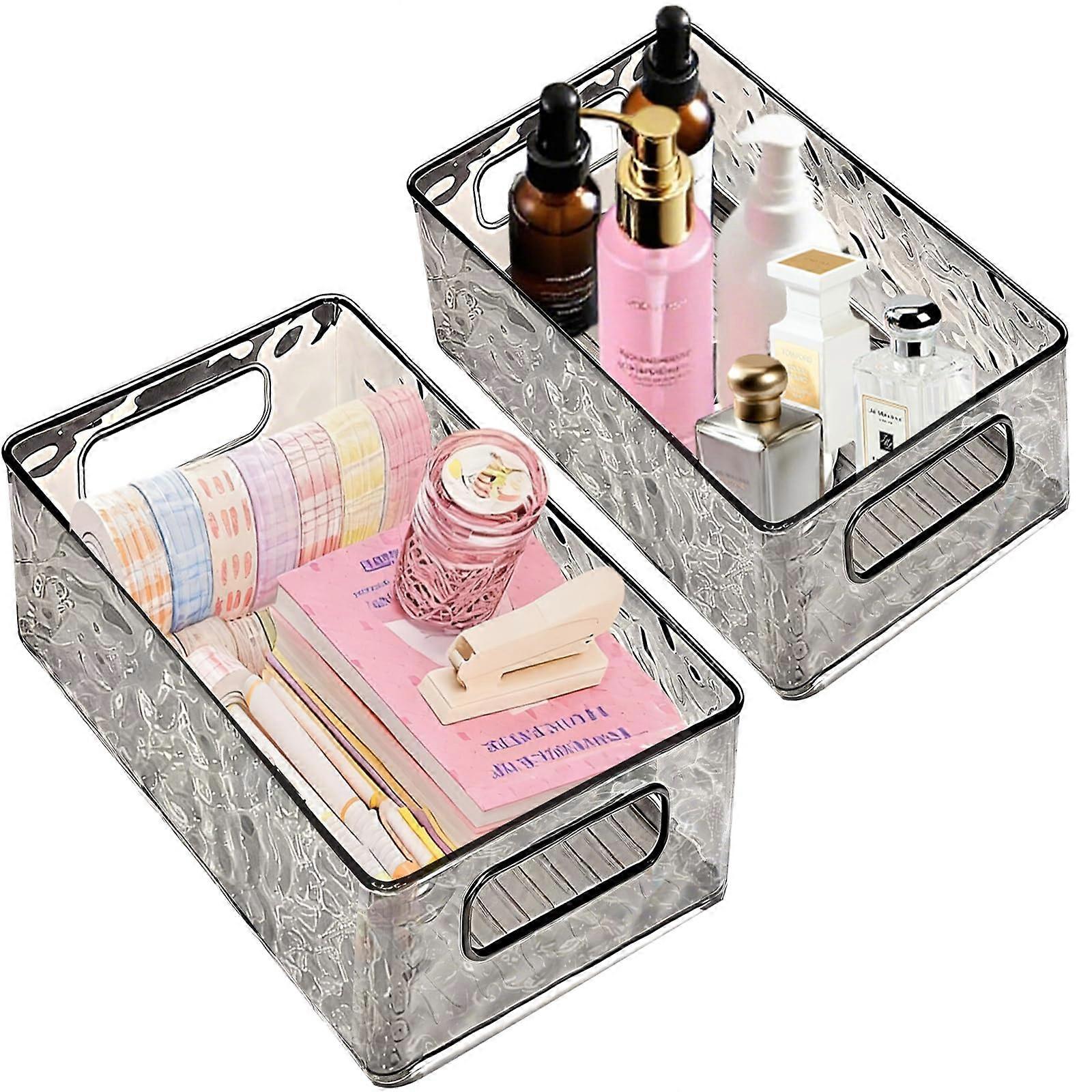 2 Pack Clear Plastic Storage Bins, Stackable Acrylic Organizer for Kitchen Bathroom Pantry, Grey