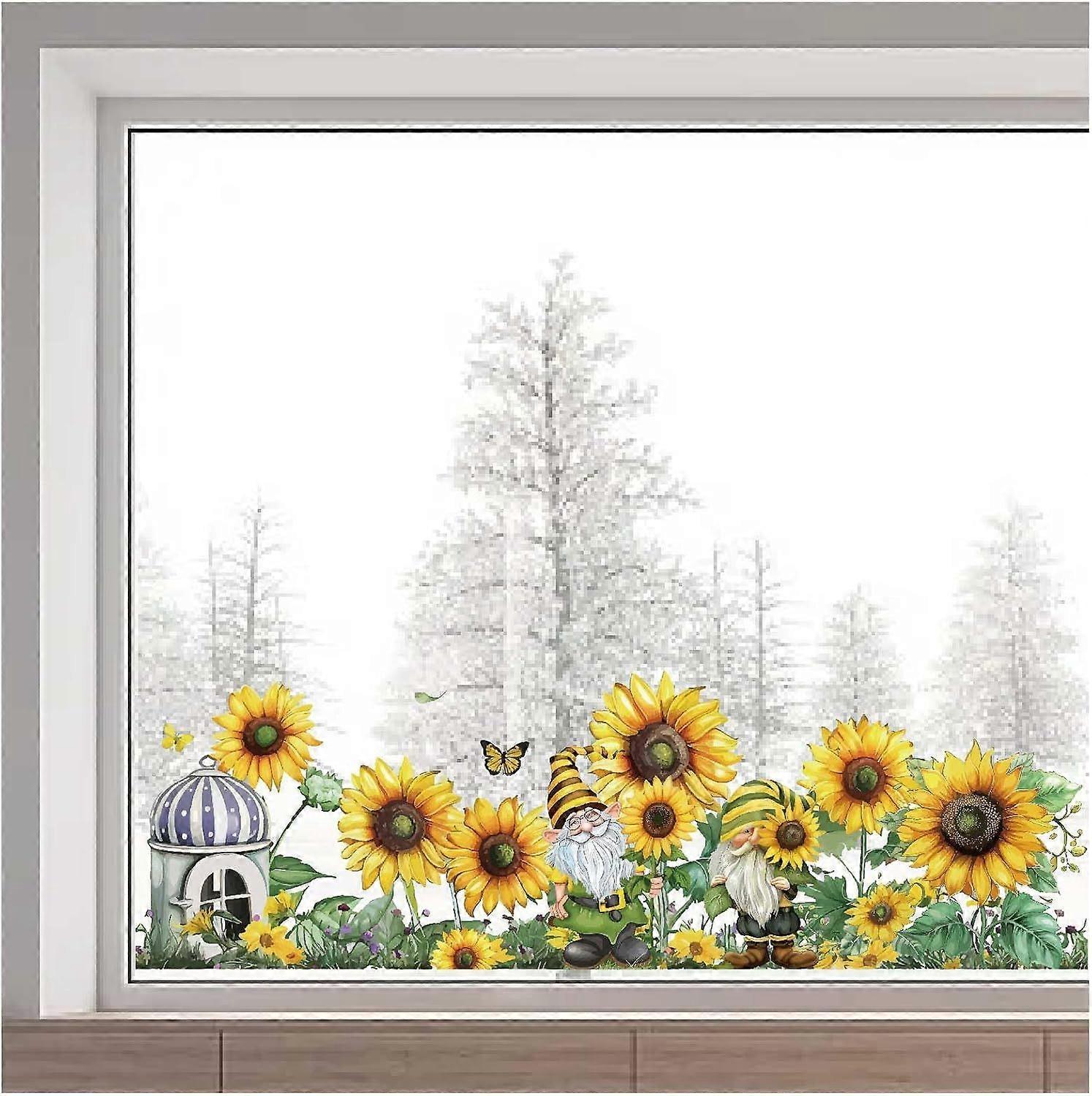 15 x 46 Inch Large Sunflower Window Stickers Gnome Glass Decals Spring Summer Flower Static Non Adhesive Anti Collision Window Cling for Home Party Sl