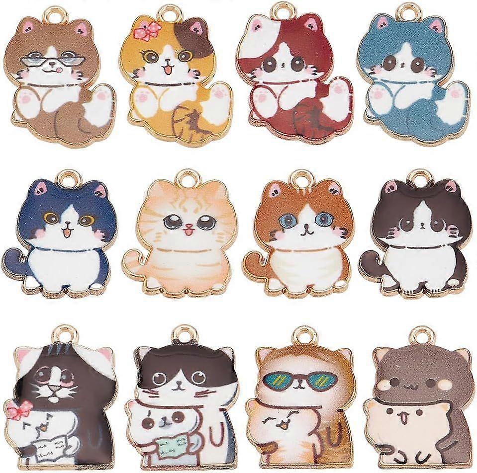 24 Pcs Enamel Cat Charms 12 Styles Colorful Cat Pendant Single Faced Alloy Enamel Kitty Charms with Loop Animal Pendant for DIY Bracelet Necklace Earr