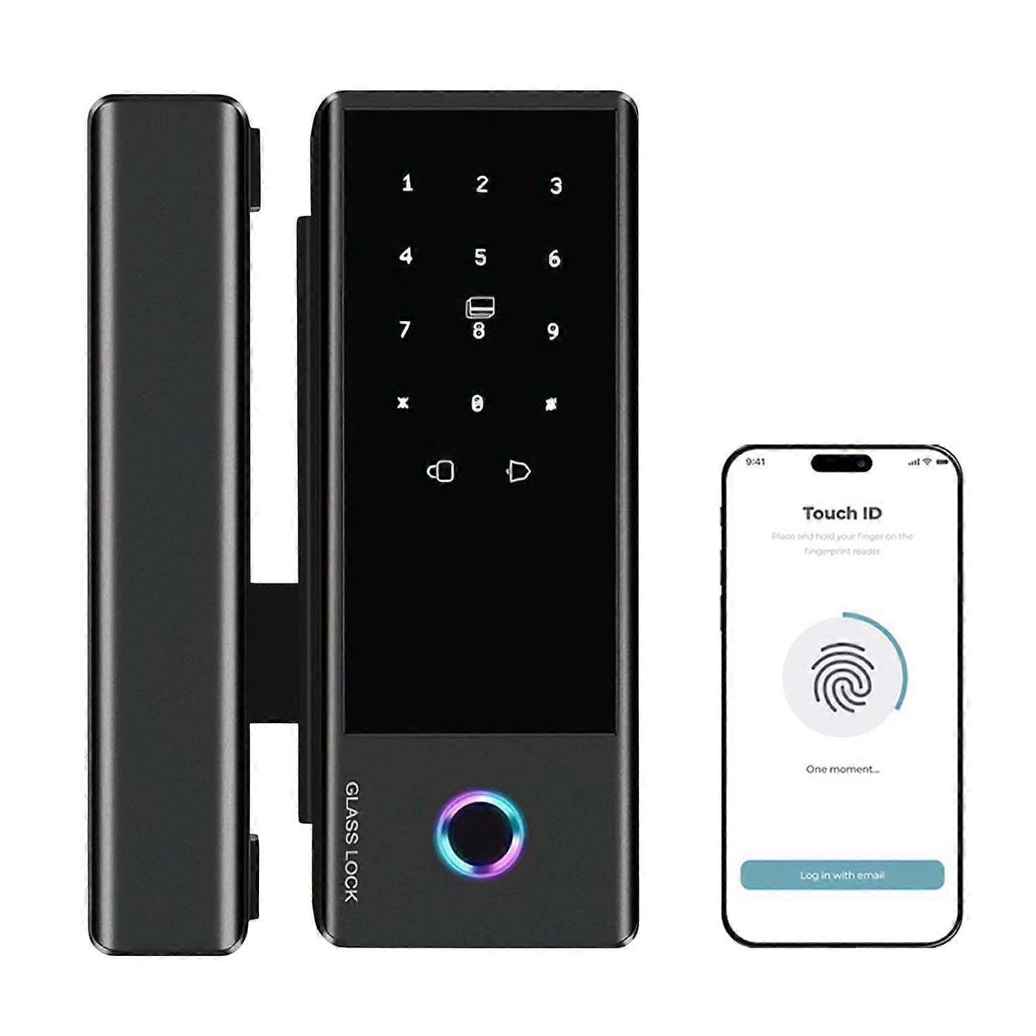 Smart Glass Door Lock with Fingerprint WiFi Control, 5in1 Keyless Entry for Frameless Glass Doors