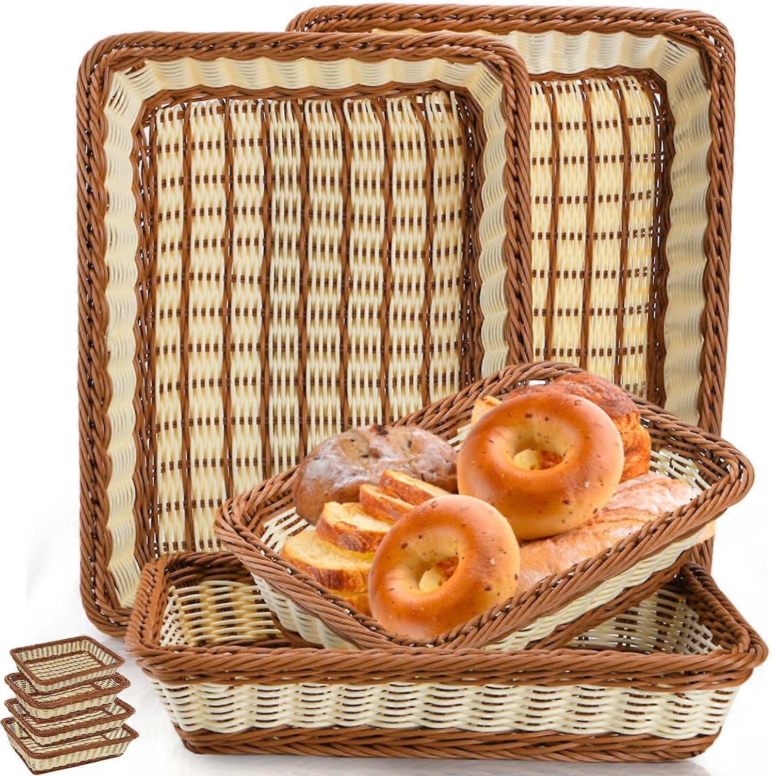 Set of 4 Wicker Bread Baskets, MultiSize Nesting Rectangular Woven Serving Trays for Bakery and Picnic