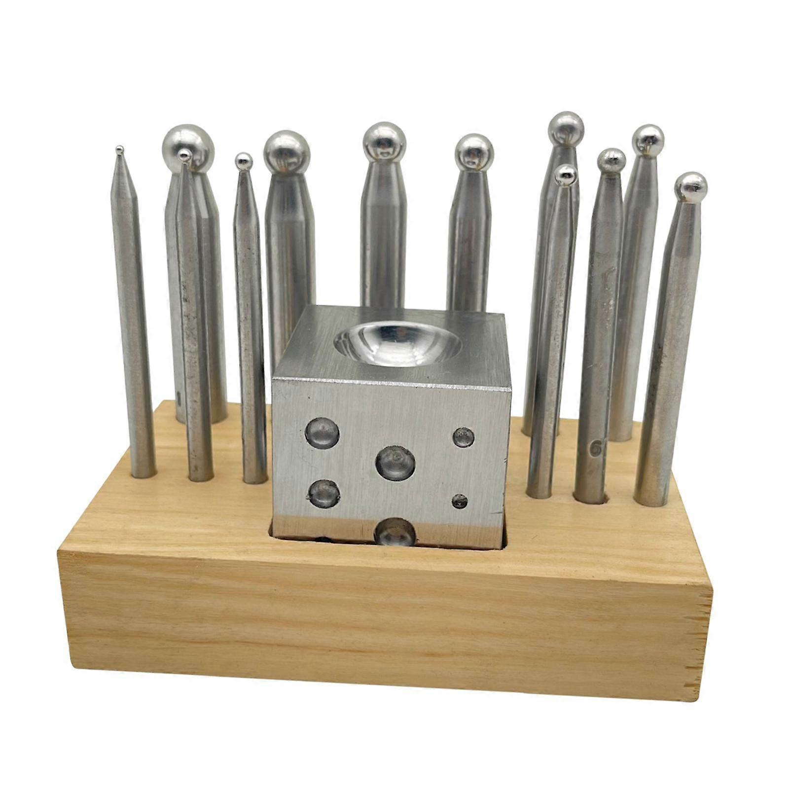 13Pcs Dapping Doming Punch Block Set Wooden Base Dapping Block Punch Puncher