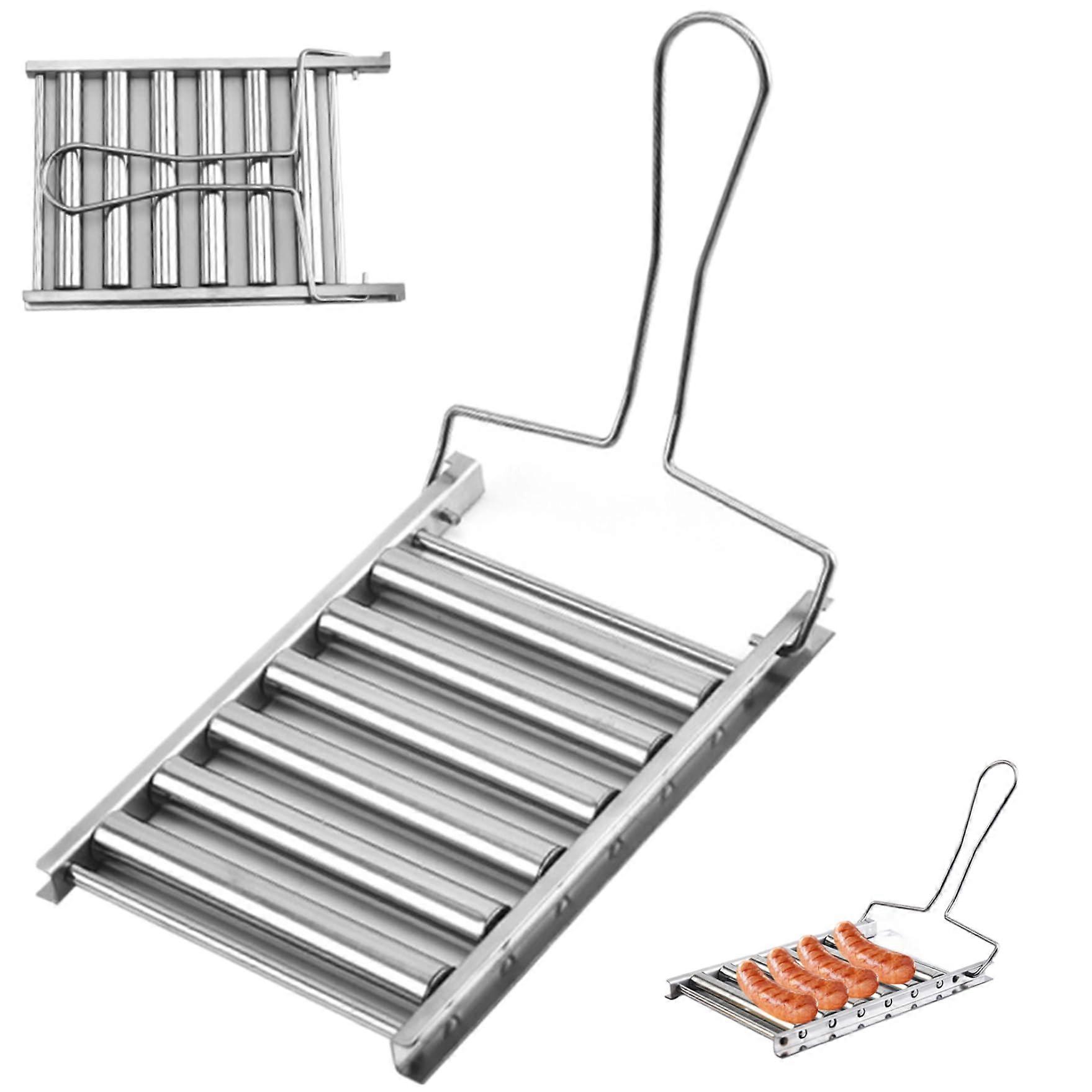 Stainless Steel Hot Dog Roller Grill with Foldable Handle, 5 Capacity BBQ Rack for Even Cooking