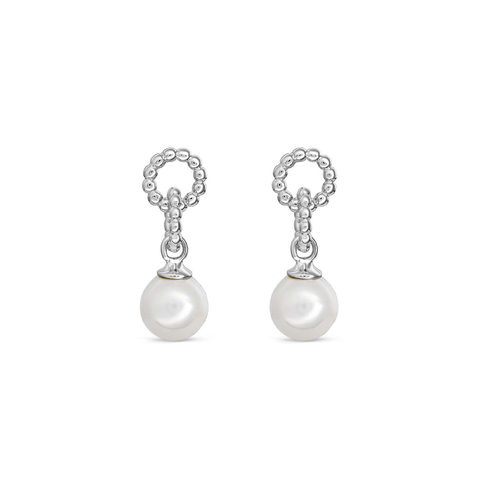 Dew 5mm Shell Pearl Linked Beaded Circle Stud Drop Earrings - Sterling Silver