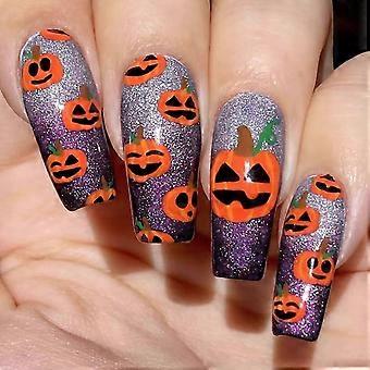 Halloween Press On Nails – Black Acrylic Short Square with Pumpkin & Gold Foil Accents 24pcs