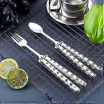 2 Pcs Folding Butterfly Cutlery Stainless Spoon Fork Camping Travel