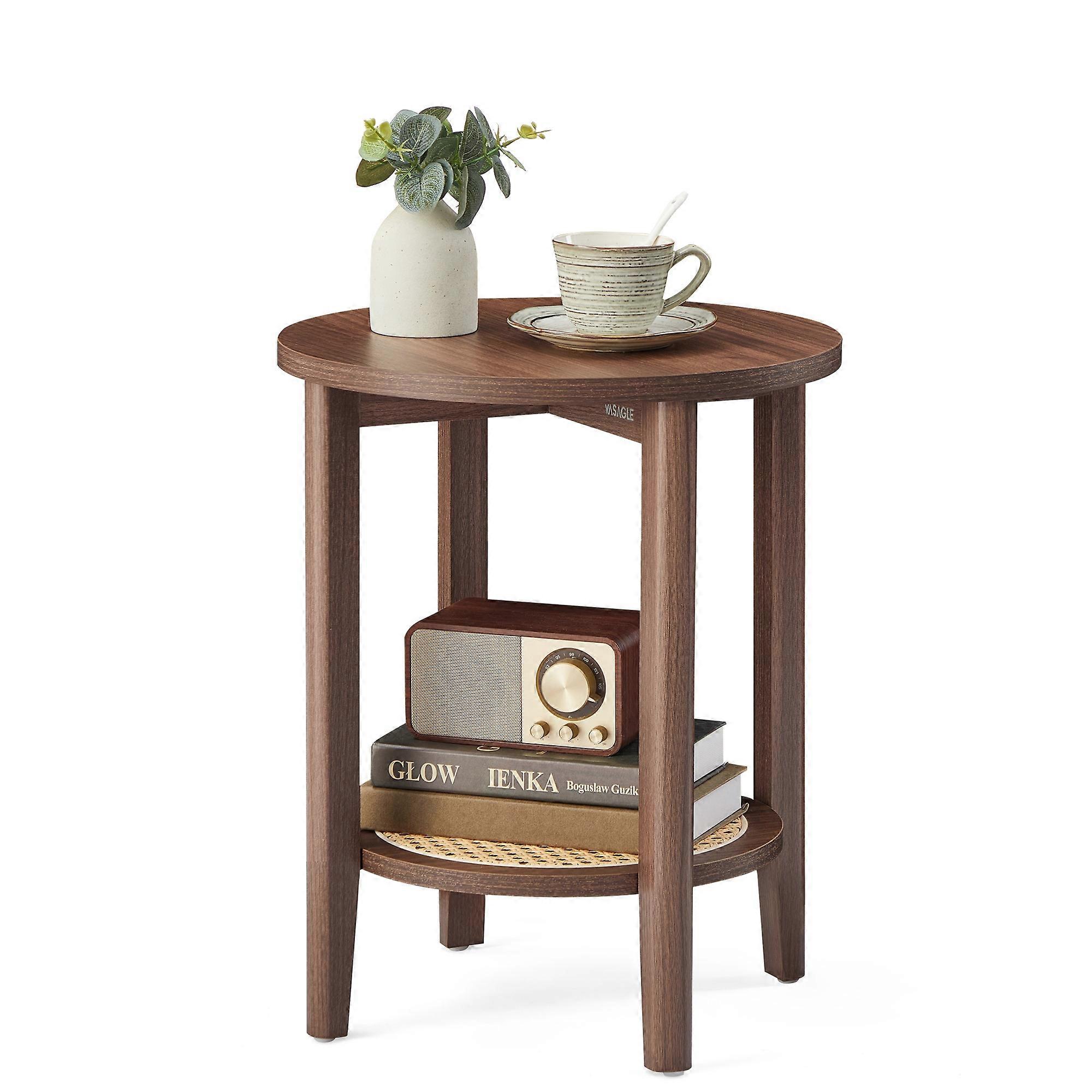 Round Side End Table, 2-Tier Boho Bedside Table with Ratt