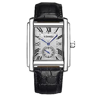 Men's Square Watch, Vintage Leather Cuff Watch, Roman Numerals Analog Quartz Watch, Leather Strap Classic Vintage Watch with Automatic Calendar Window