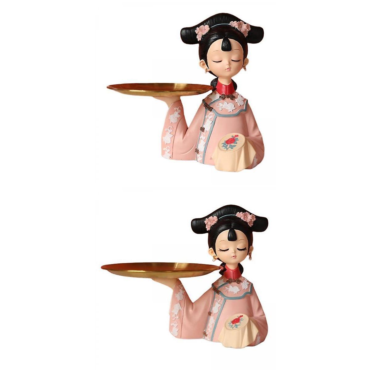 2x Chinese Palace Girl Figurine Cookie Candy Dish Storage Tray Ornament