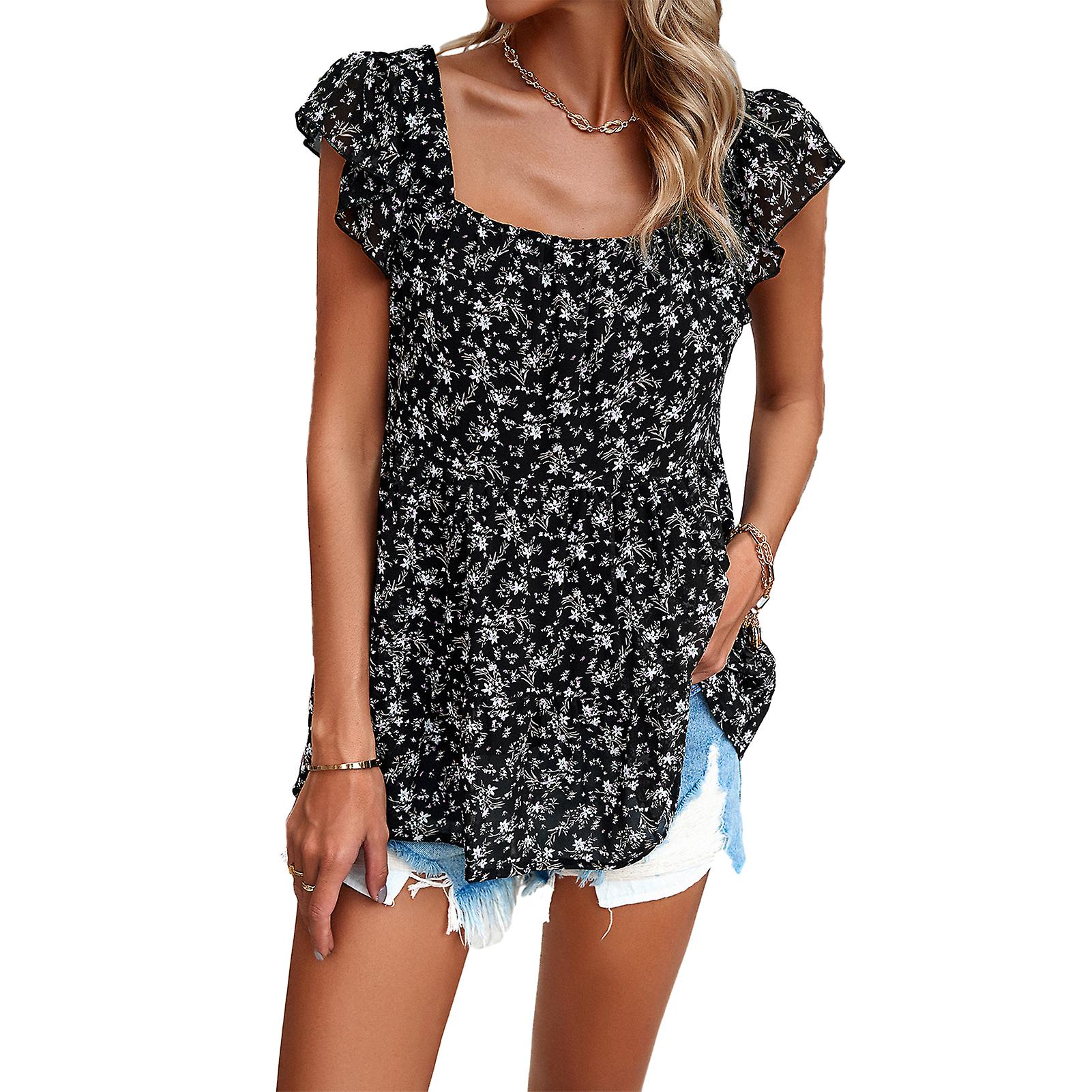 Women's Floral Squared Collar Short,Simple Floral Printed Top for Spring Summer Comfy All-Match Light Clothing for Going Out