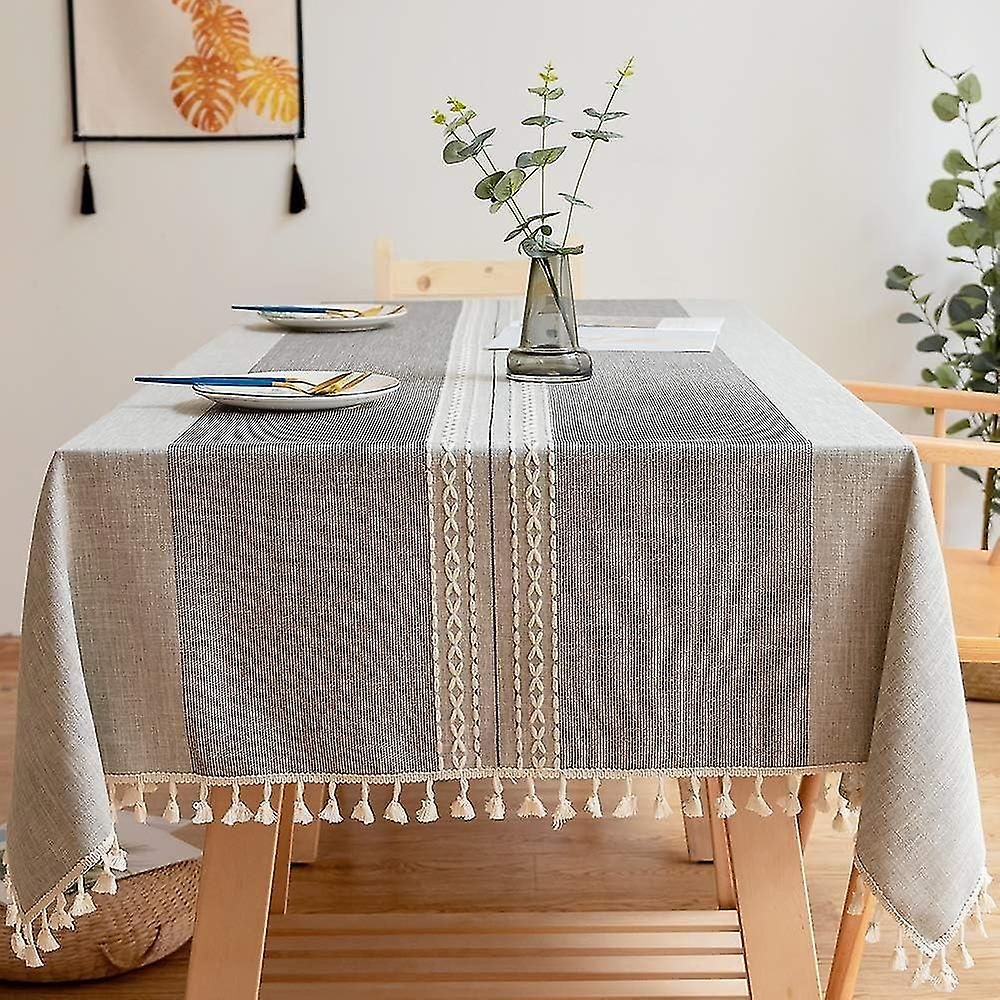 Washable Stain Resistant Rectangular Tablecloth Cotton Linen Tablecloth Embroidered Tassel Tableclot