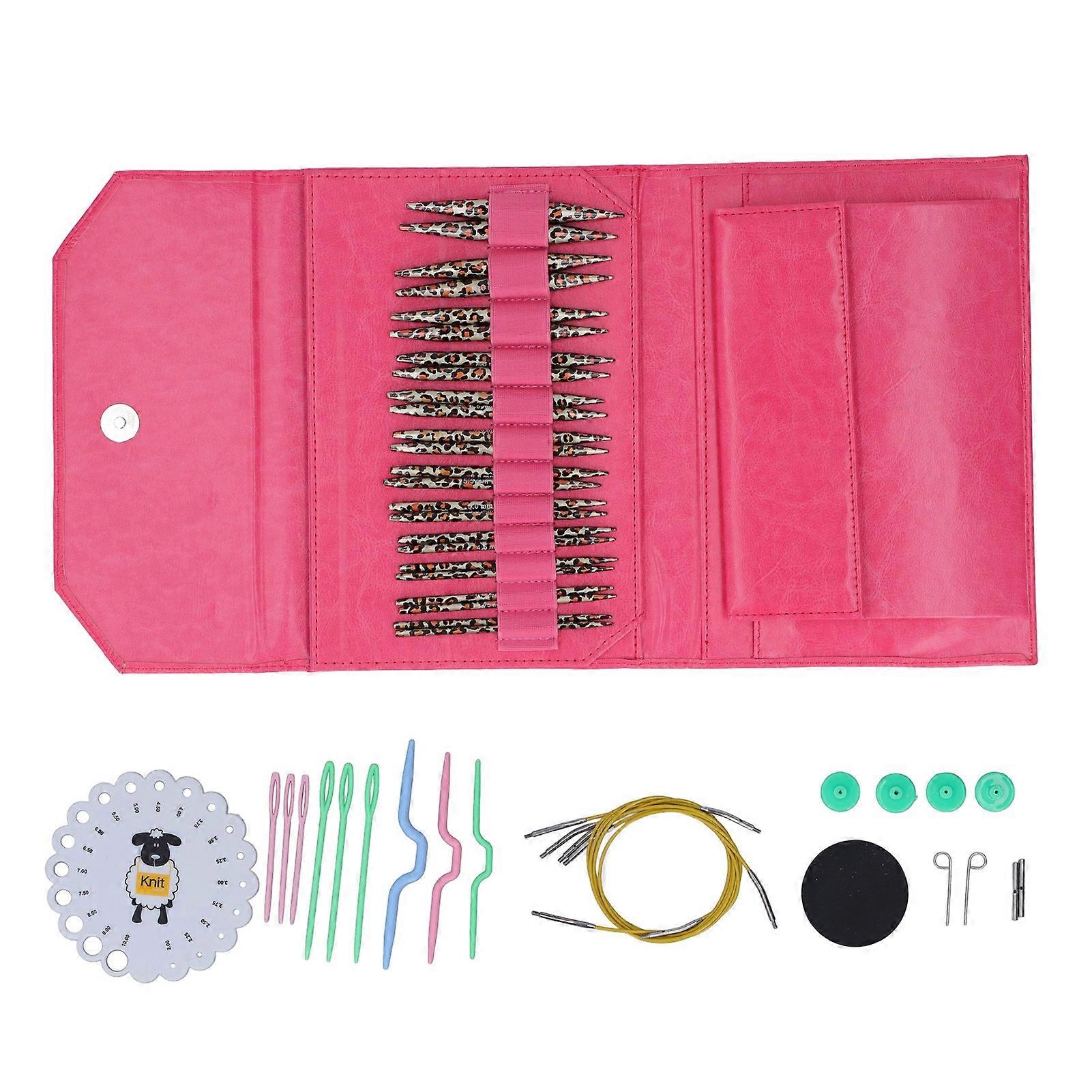 Knitting Needles Set Removable Circular Leopard Print Knitting Needles Sweater Needle Gauge Buttons Pu Bag Crochet Kit Rose Red Pu Bag