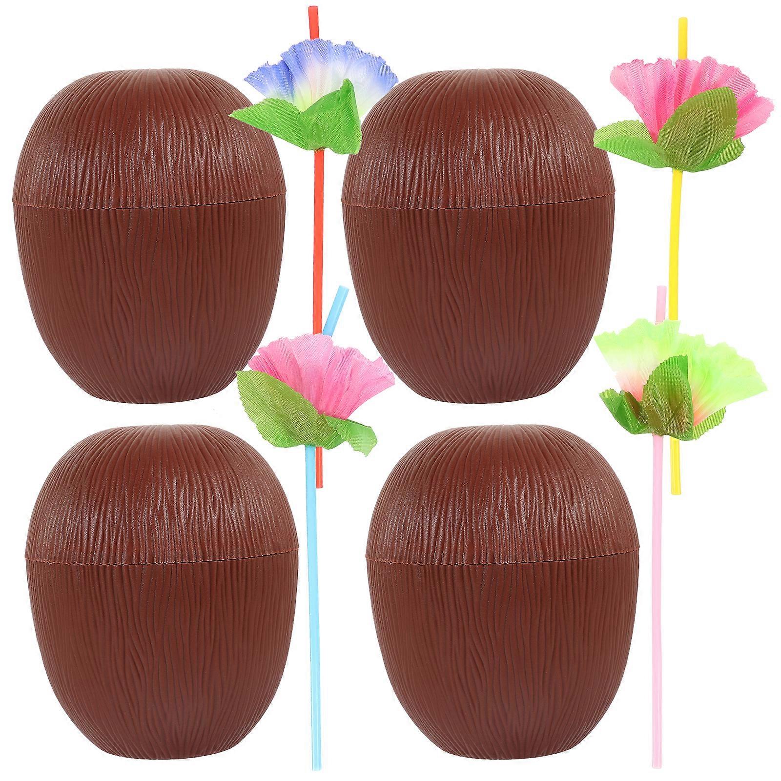 4pcs Coconut Cups With Straws Simulation Coconut Drinking Cups Hawaiian Party Coconut Shaped Cups